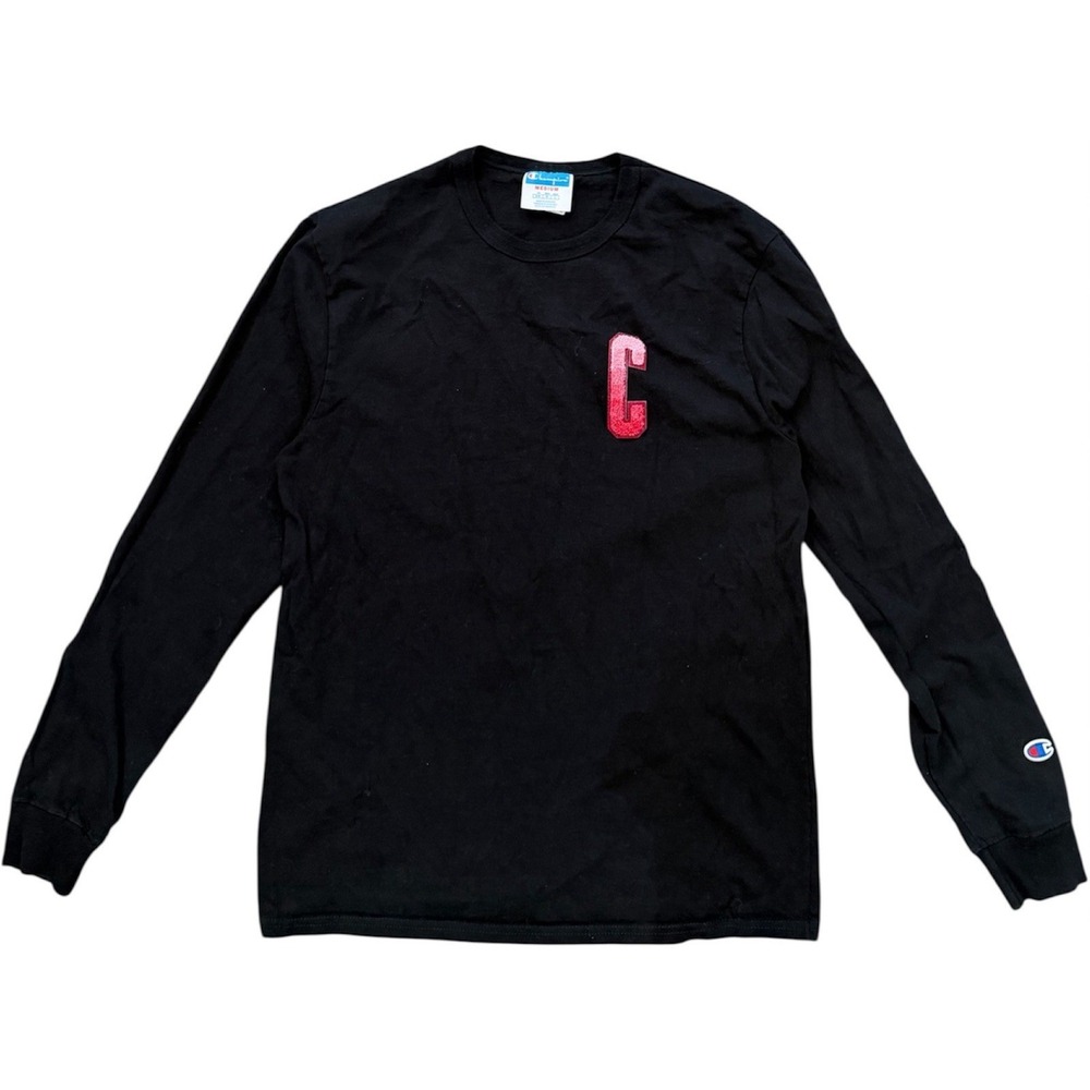 Vintage Champion Long Sleeve Shirt Medium Black Red C Patch USA Made 90s Y2K